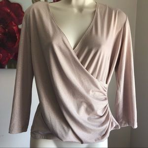Beige/blush pullover shirt with faux wrap and ruching